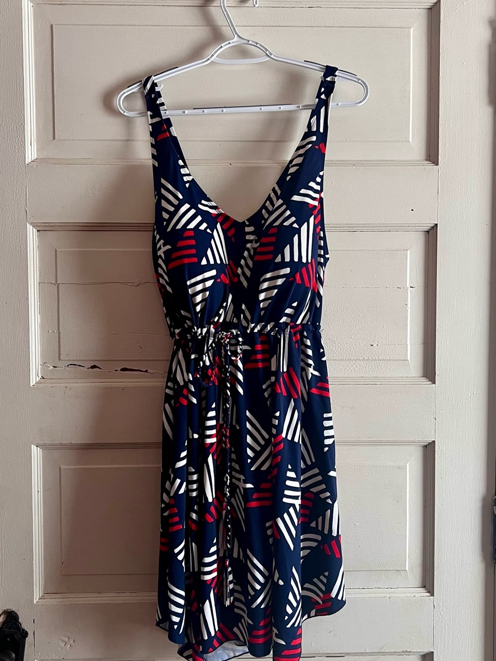 Navy Abstract-Print One-Piece Swim Dress with Red & White Accents
